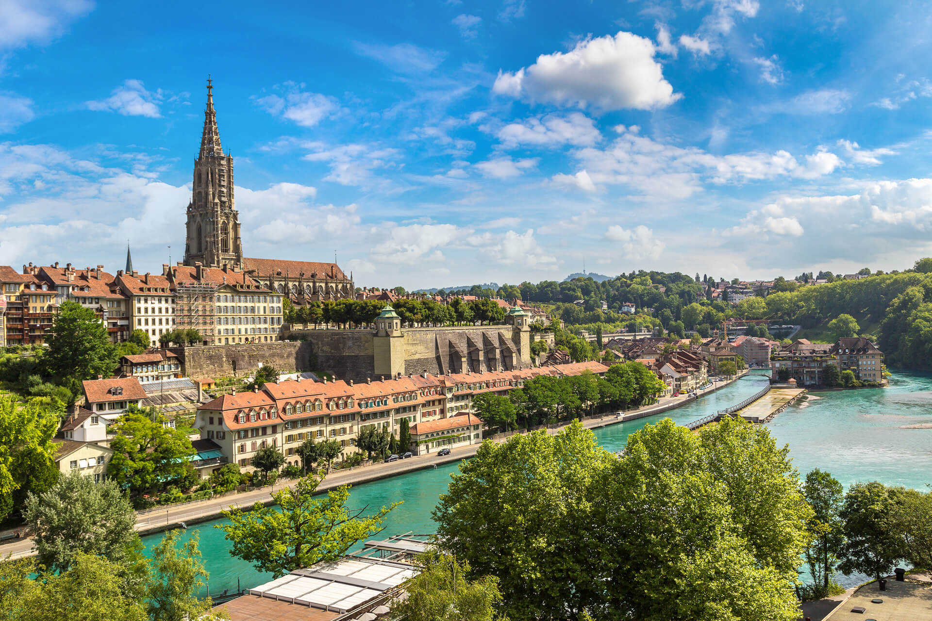 Panoramic view of Bern and Berner Munster cathedral in Switzerland